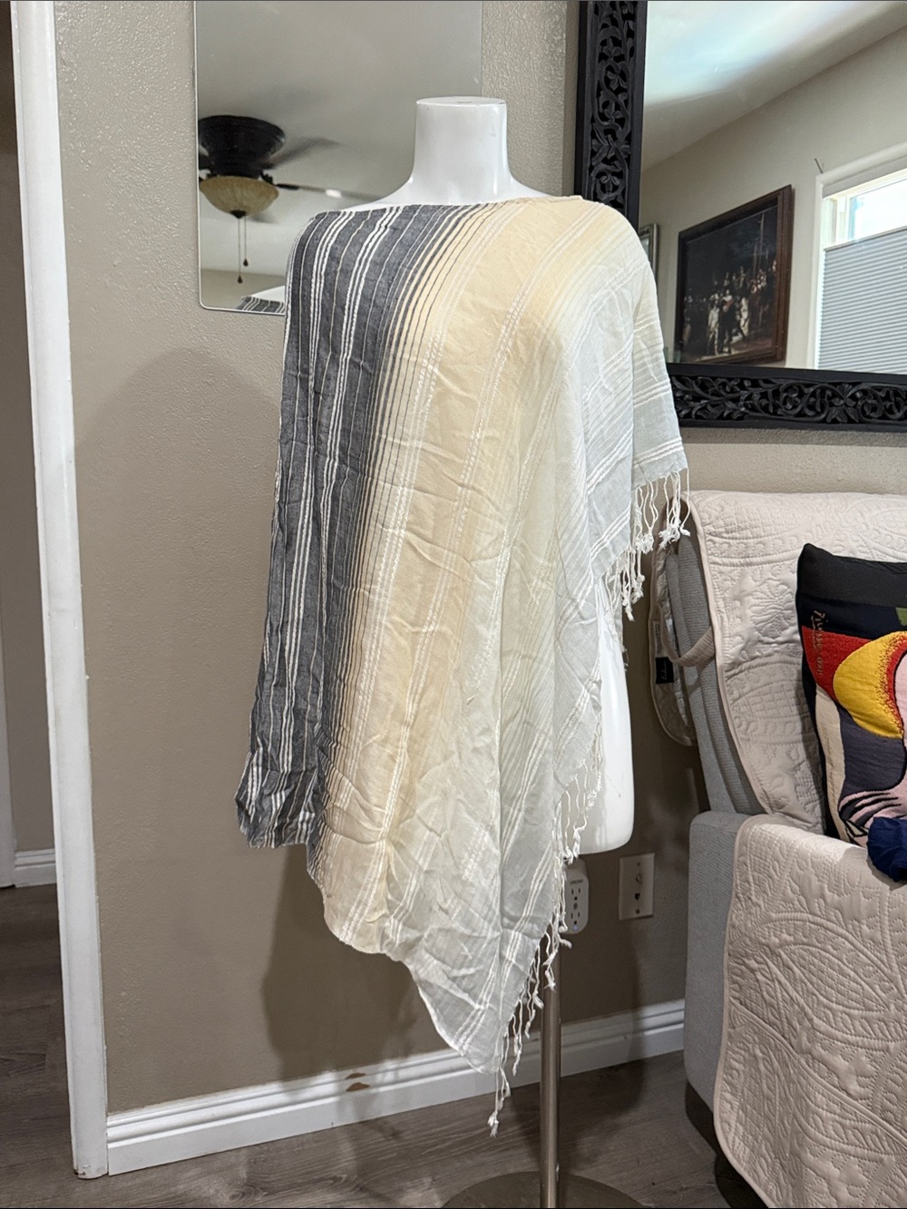 Striped Fringe Lightweight Poncho Wrap - Cream & Gray